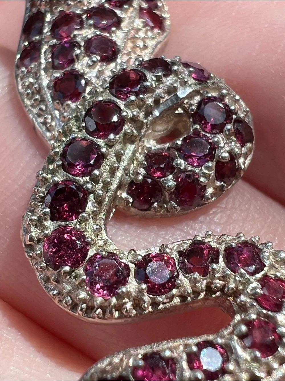 925 Sterling Silver Pave Gemstone Snake Pendant 2.5” Pink Stones